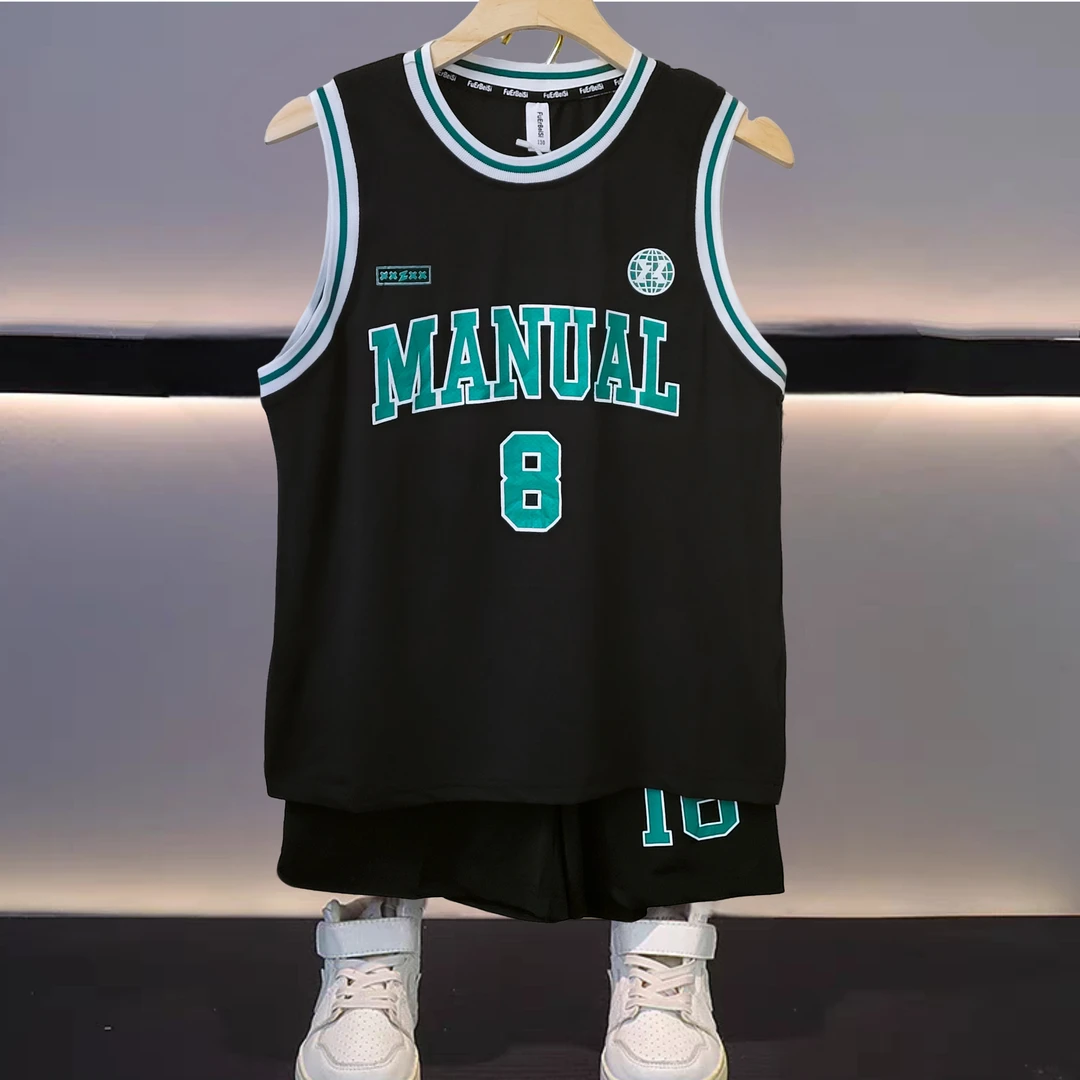 99156夏季中大童网眼速干运动套装男女童拼接短袖短裤两件套装