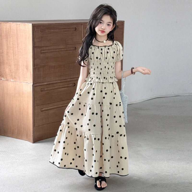 女童波点连衣裙套装夏季2025新款儿童收腰超好看的女大童夏日裙子