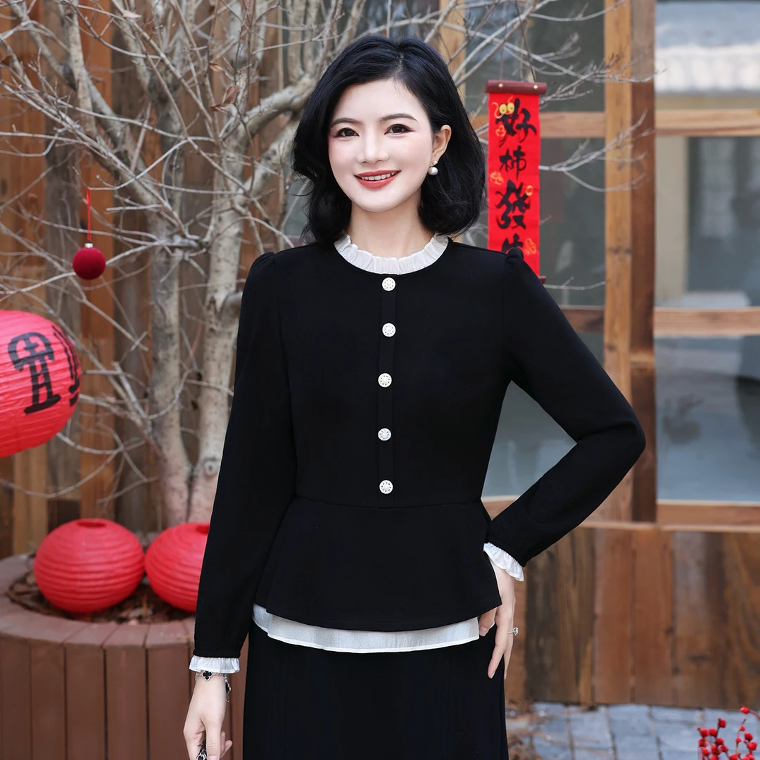 【抓绒收腰加厚衬衫】枫竺阿楠anan花边领保暖衬衫女冬高贵洋气上衣