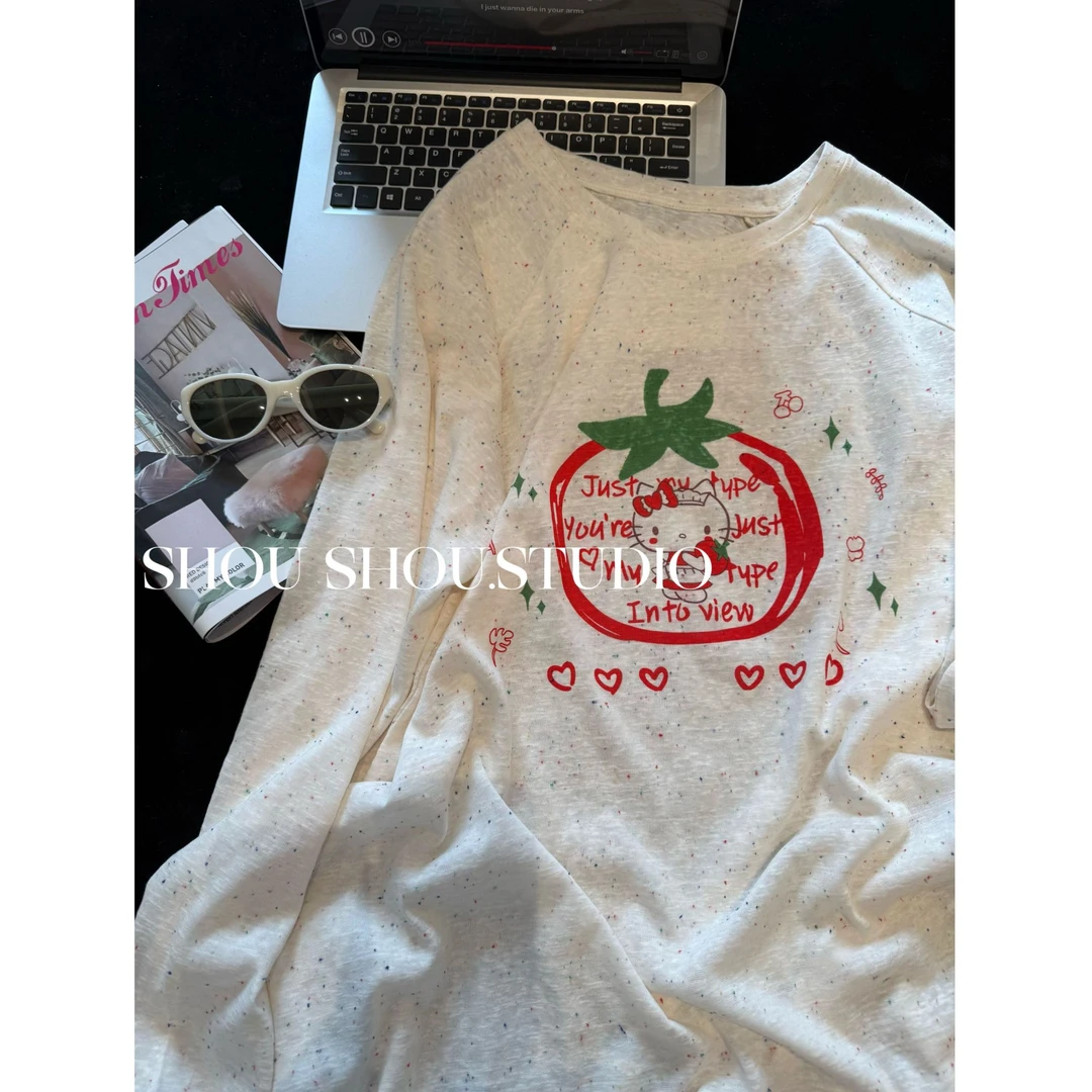 【瘦瘦】西红柿KT-大码秋季插肩袖印花麻点百搭显瘦长袖上衣S01911