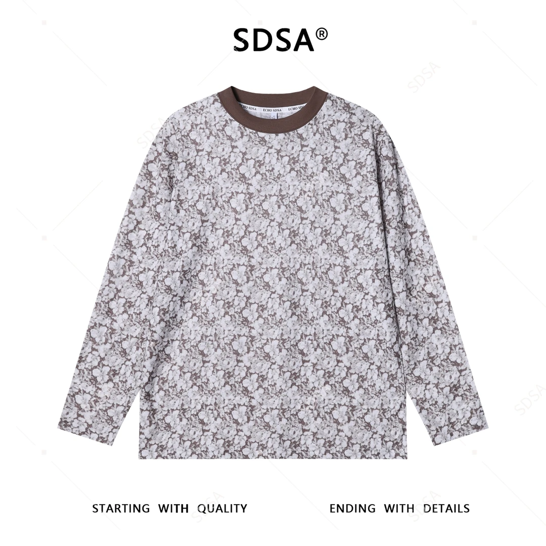 秋季高级感新款男士简约撞色花朵设计长袖T恤百搭时尚圆领上衣