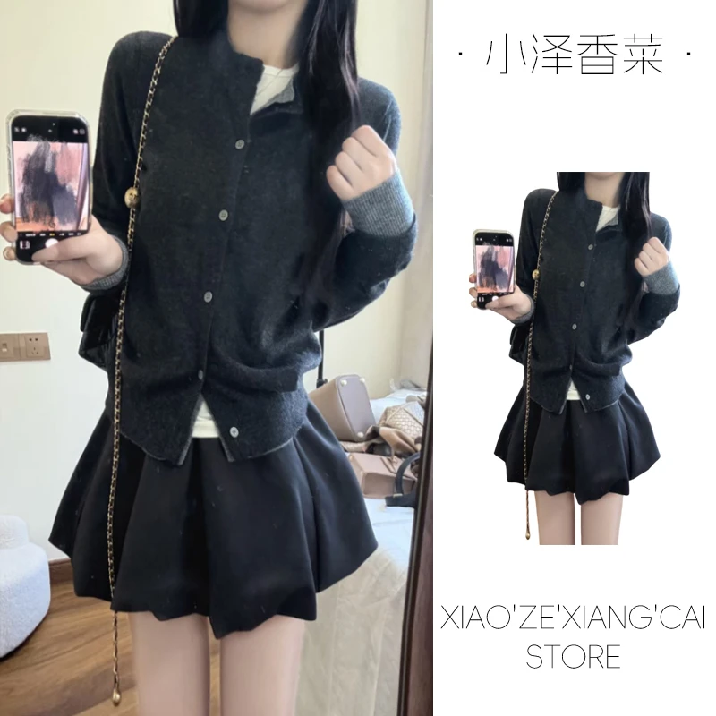 早秋独特超好看韩系穿搭一整套灰色假两件毛衣开衫花苞裙两件套装