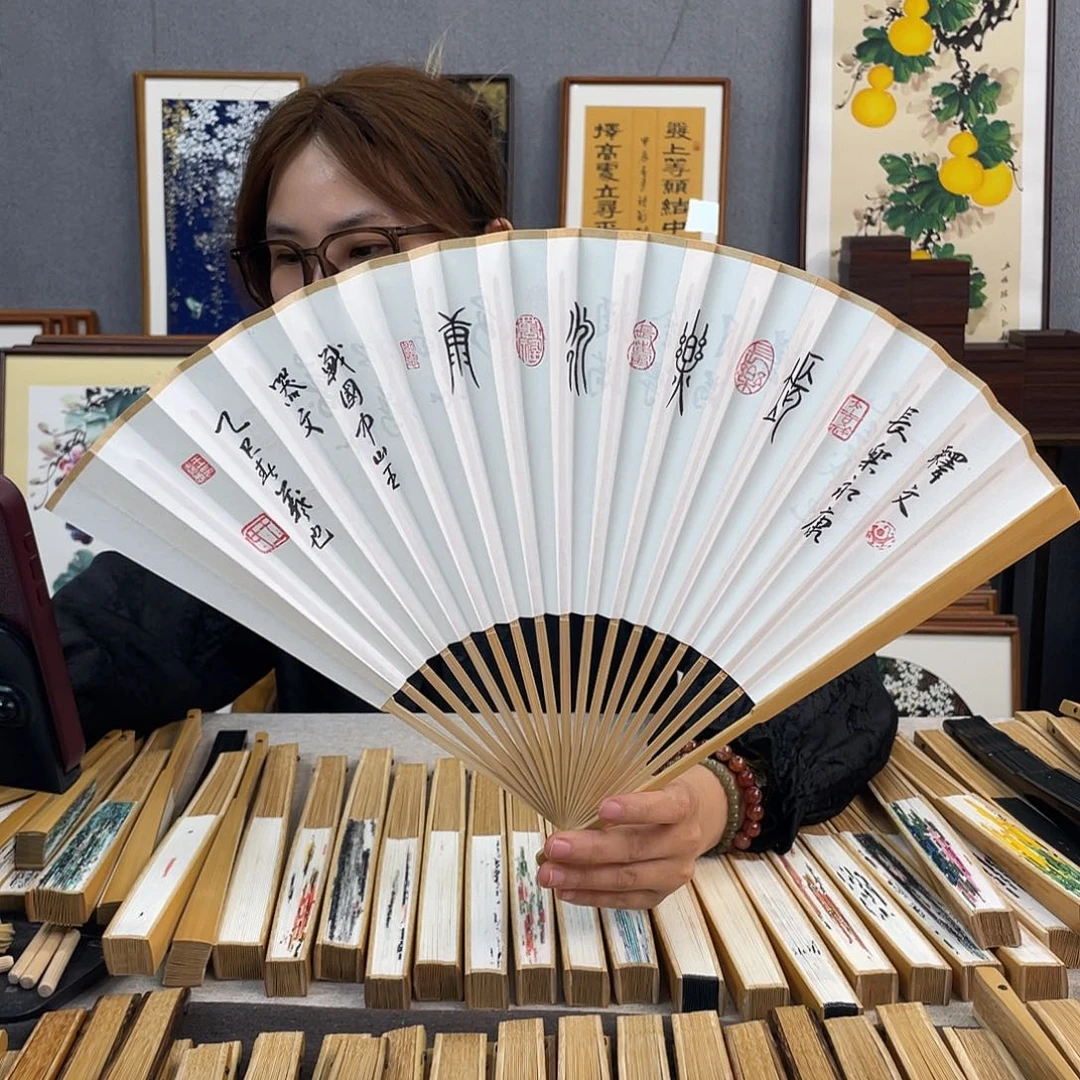 国画95寸玉竹-纯手绘-文玩扇骨（默认粘好）长乐永康