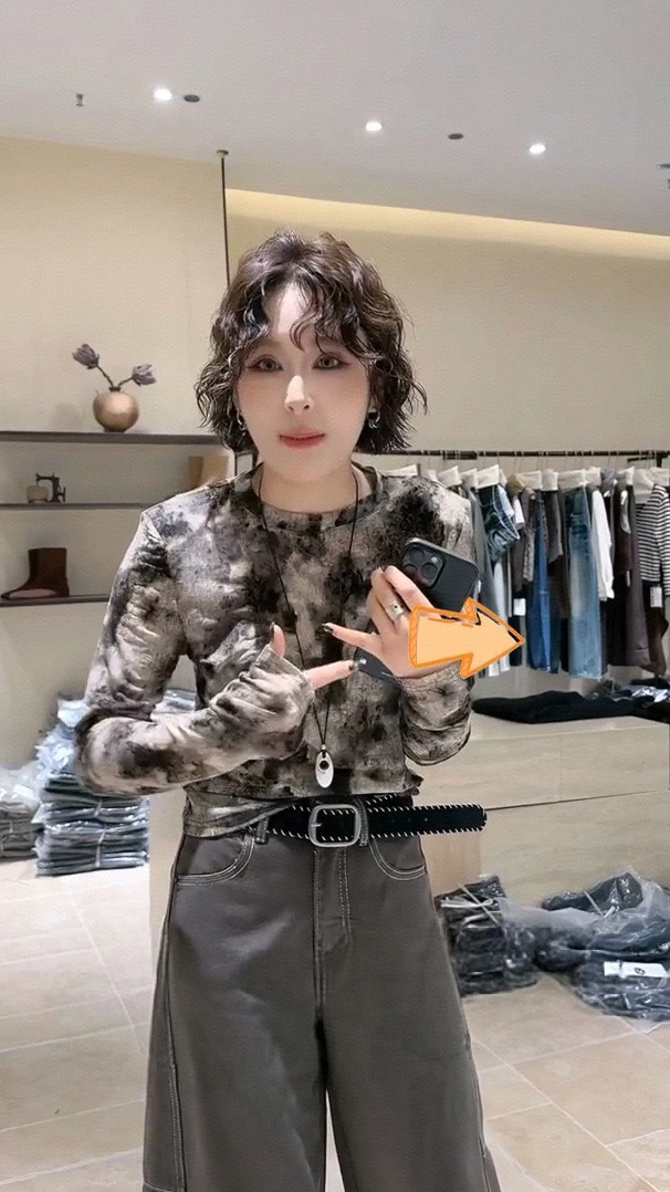 80圆领长袖INS风欧式T恤透气原宿风扎染极简风女装上衣