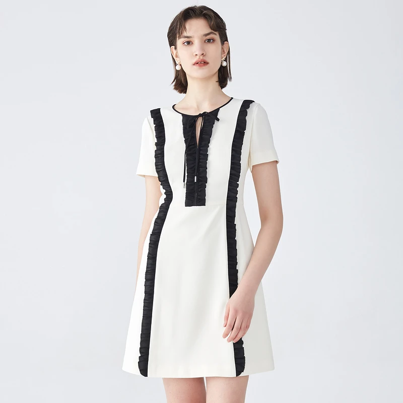 OBEG欧碧倩V领撞色连衣裙夏季新款时尚通勤包臀裙裙子10422176