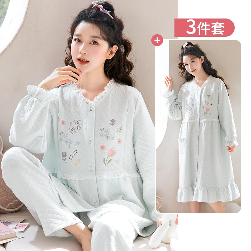 家时光月子服纯棉哺乳服孕妇睡衣加厚产妇孕产裙秋冬季可外穿5517