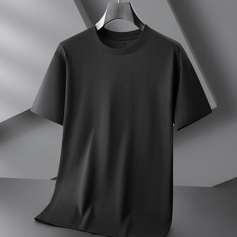 【艺禾轻奢大码】夏季透气男士加肥加大胖子时尚烫钻丝光棉短袖5072