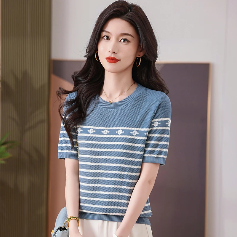 2025新款夏季薄款圆领时尚条纹镂空减龄镂空短袖T恤女787