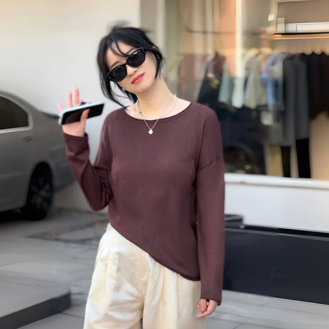 櫟丝御锦柞蚕丝女士针织上衣圆领卷边套头衫长袖春款时尚 1602-1