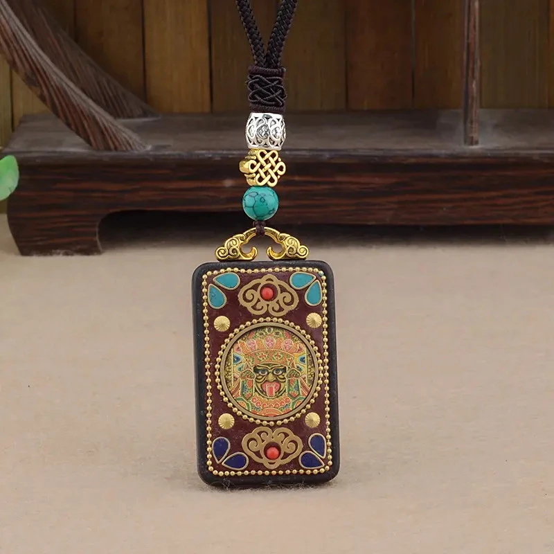 合金棉绳项链 【西藏包邮】藏式黄财神黑檀木佛牌扎基拉姆唐卡吊坠