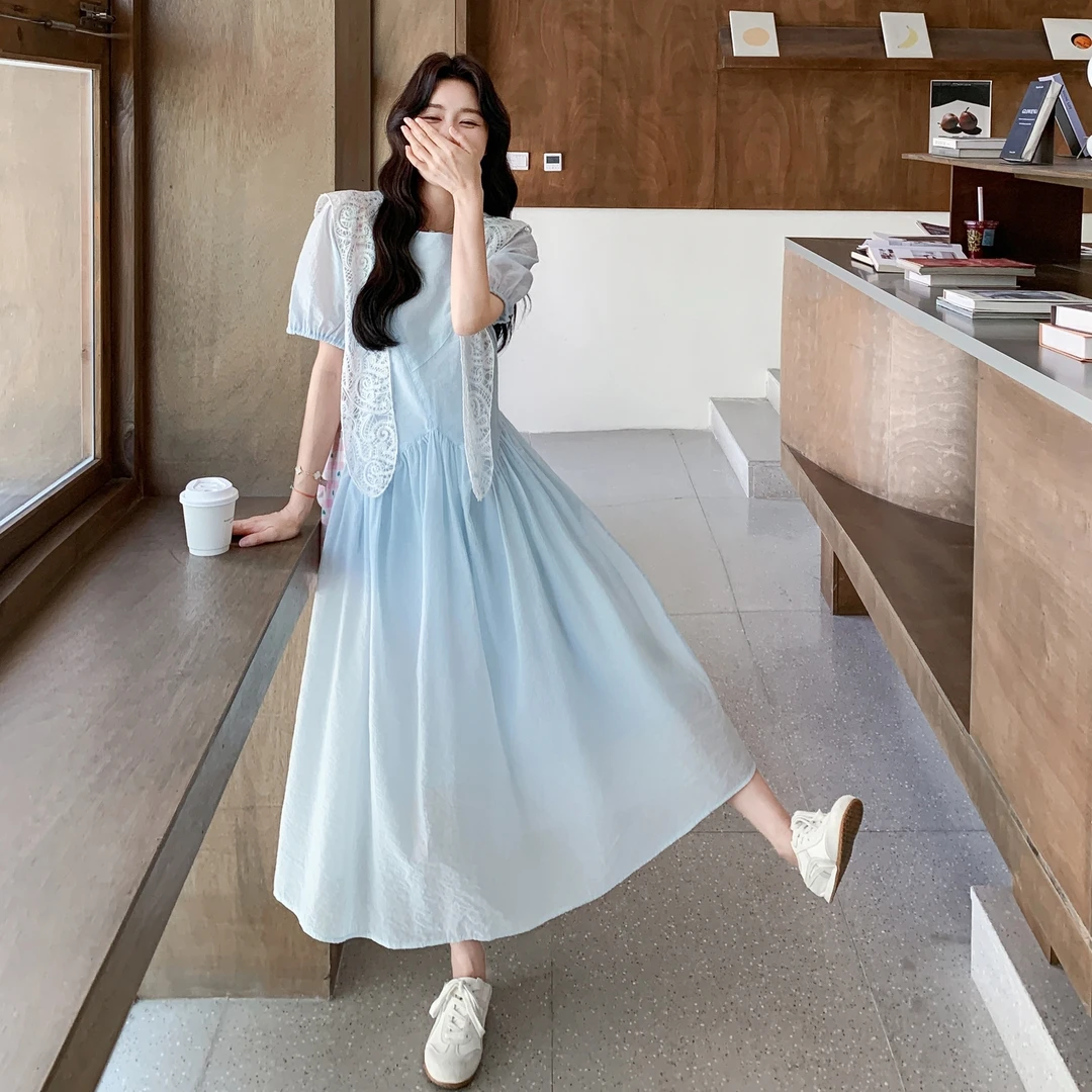 少女感减龄蓝色连衣裙女2025气质新款时尚复古风小众披肩A字长裙