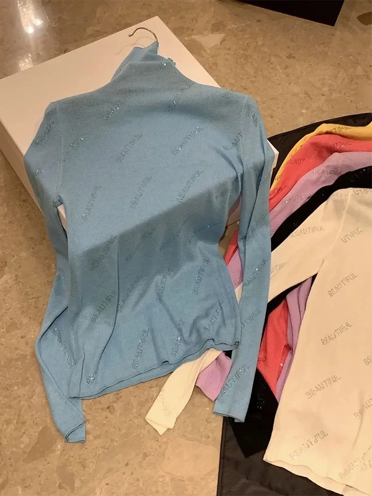 【茵姐推荐】新款修身显瘦烫钻字母高领长袖针织打底衫2503