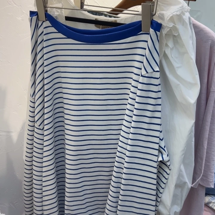 杭州LILI自制 蓝色条纹斜肩T