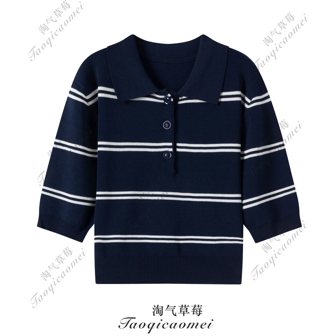 Taoqicaomei · 学院风条纹撞色针织短款POLO衫25夏季新款修身上衣