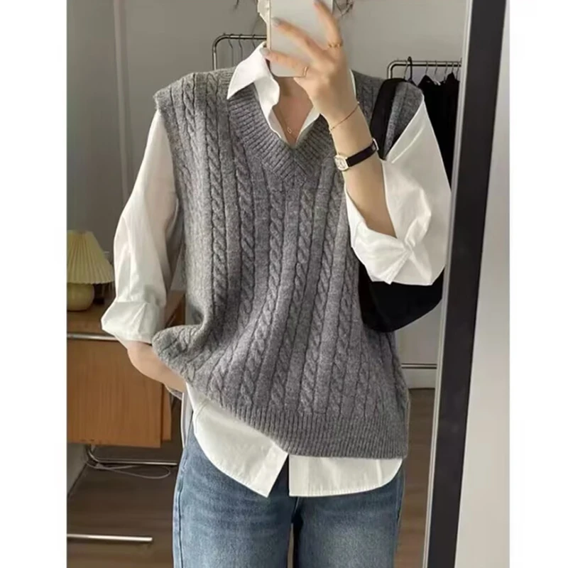 V领麻花针织马甲衬衫叠穿毛衣宽松女春秋新款慵懒风韩系背心坎肩