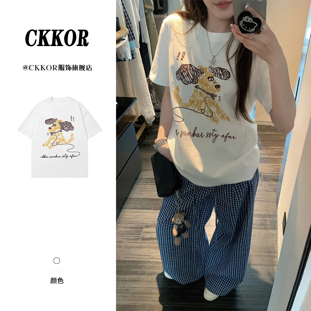 CKKOR夏季新款学生纯棉短袖t恤女圆领宽松显瘦休闲穿搭慵懒风上衣