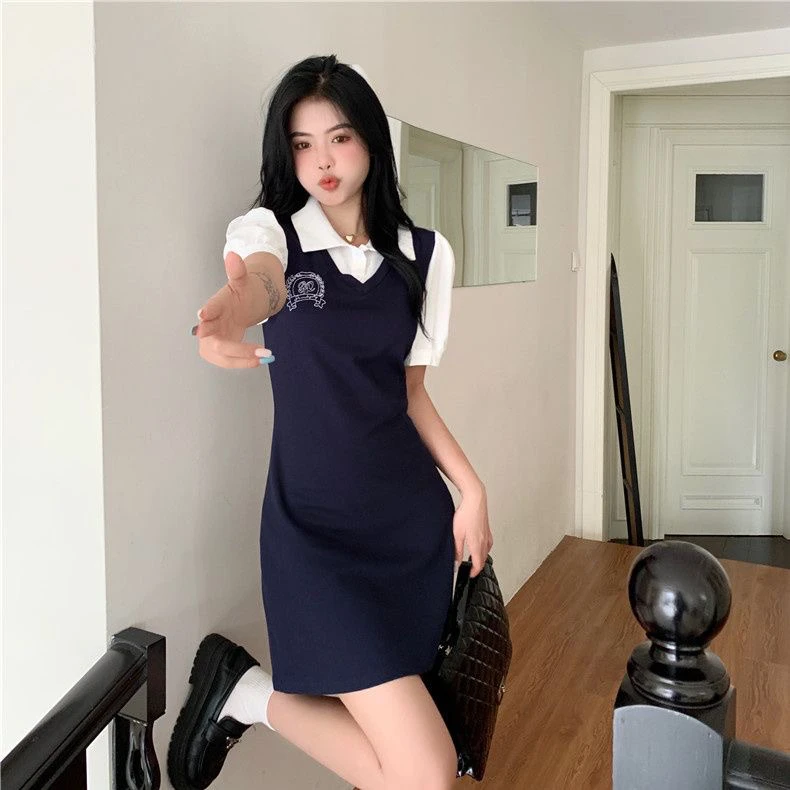 学院风显身材假两件polo连衣裙女夏季新款设计感别致修身078