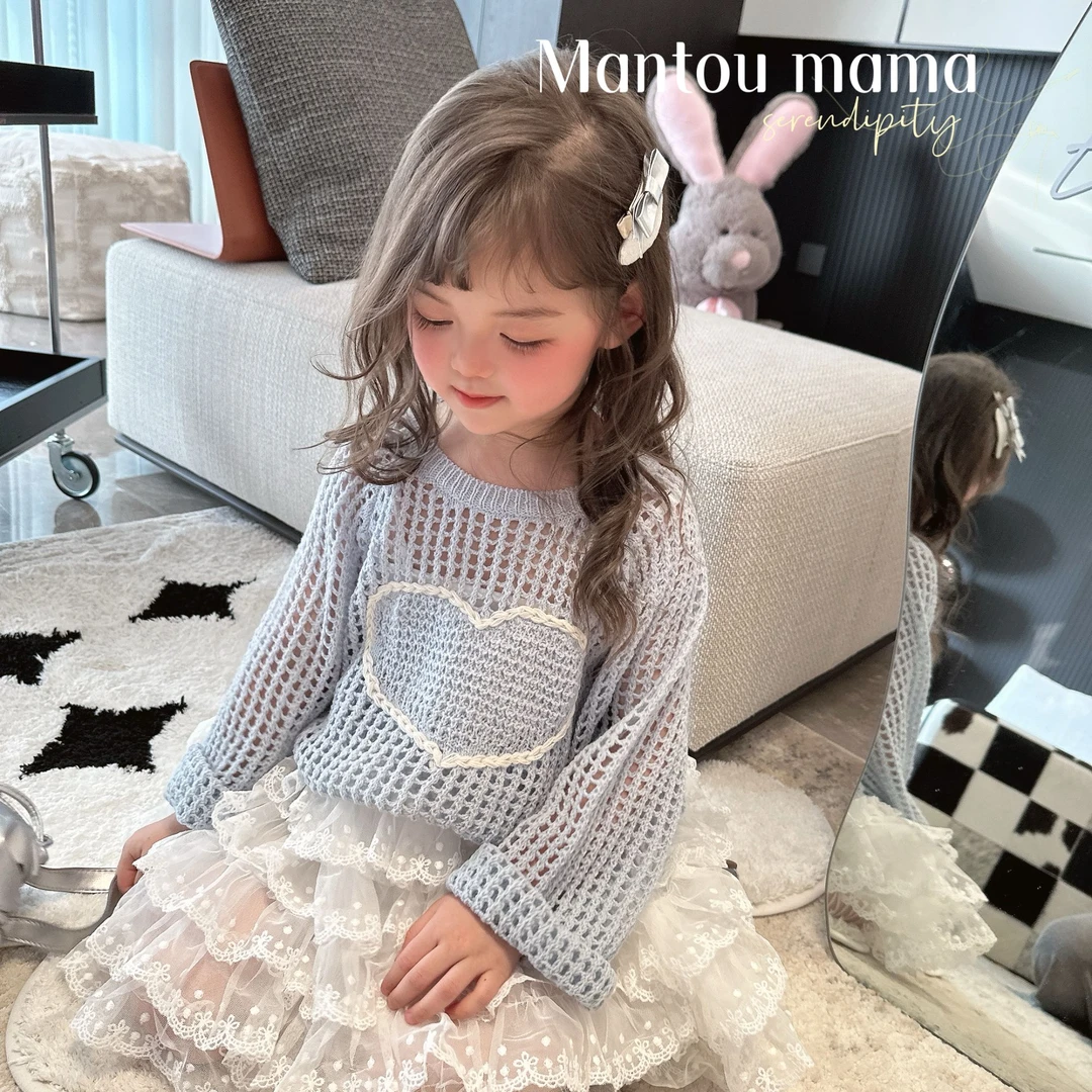 【Mantoumama】【现货】爱心镂空毛线罩衫上衣春夏季女童舒适清凉洋气