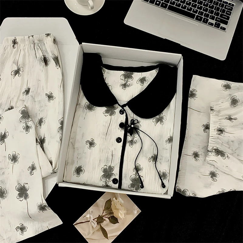 水墨画三件套|25韩版新款甜美大码家居服胖mm可外出穿睡衣套装