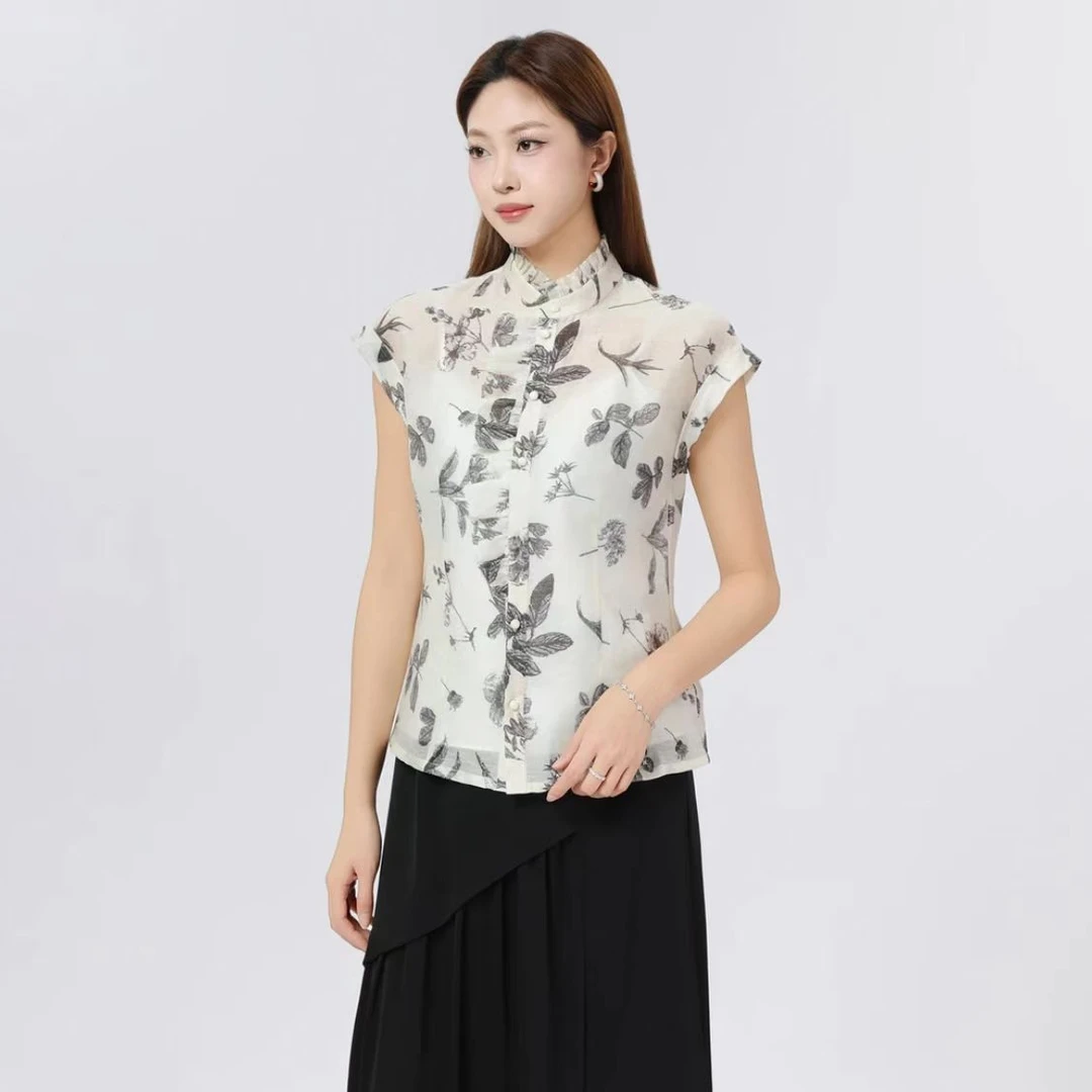 GIRDEAR/哥弟新款衬衫通勤轻薄女百搭夏季新中式印花无袖130023