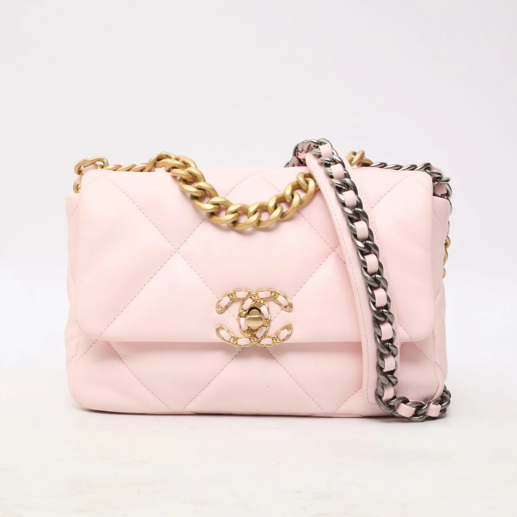 99新 Chanel/香奈儿 小花柳 粉色 皮革S 芯片开 金银扣 19bag