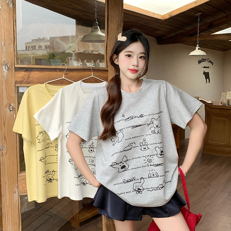 大码胖mm夏韩版正肩圆领短袖T恤印花上衣显瘦百搭休闲彩色女5889