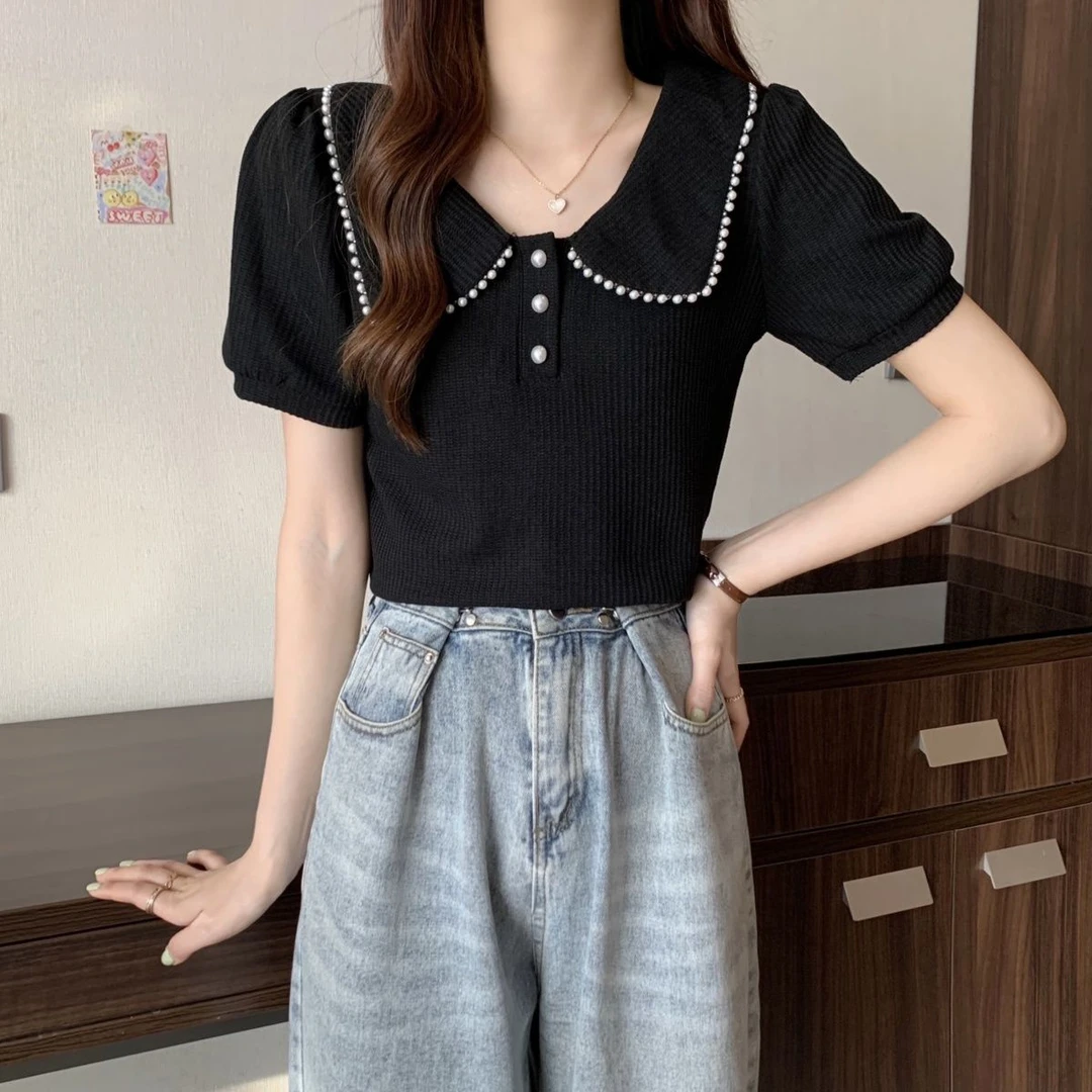 大码女装法式娃娃领钉珠短袖T恤女夏季胖妹妹设计感修身短款上衣