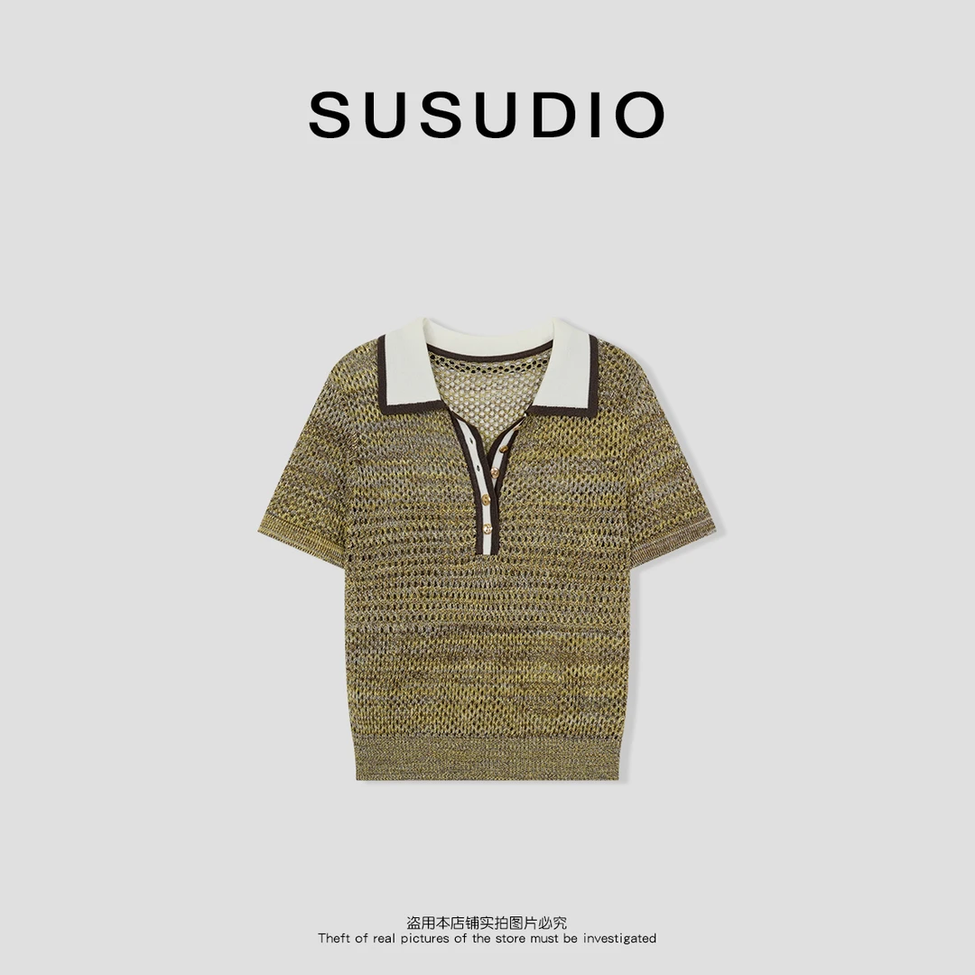 SUSUDIO 莱赛尔+天丝+亚麻 春夏撞色海鸥领毛衣独特针织衫50096