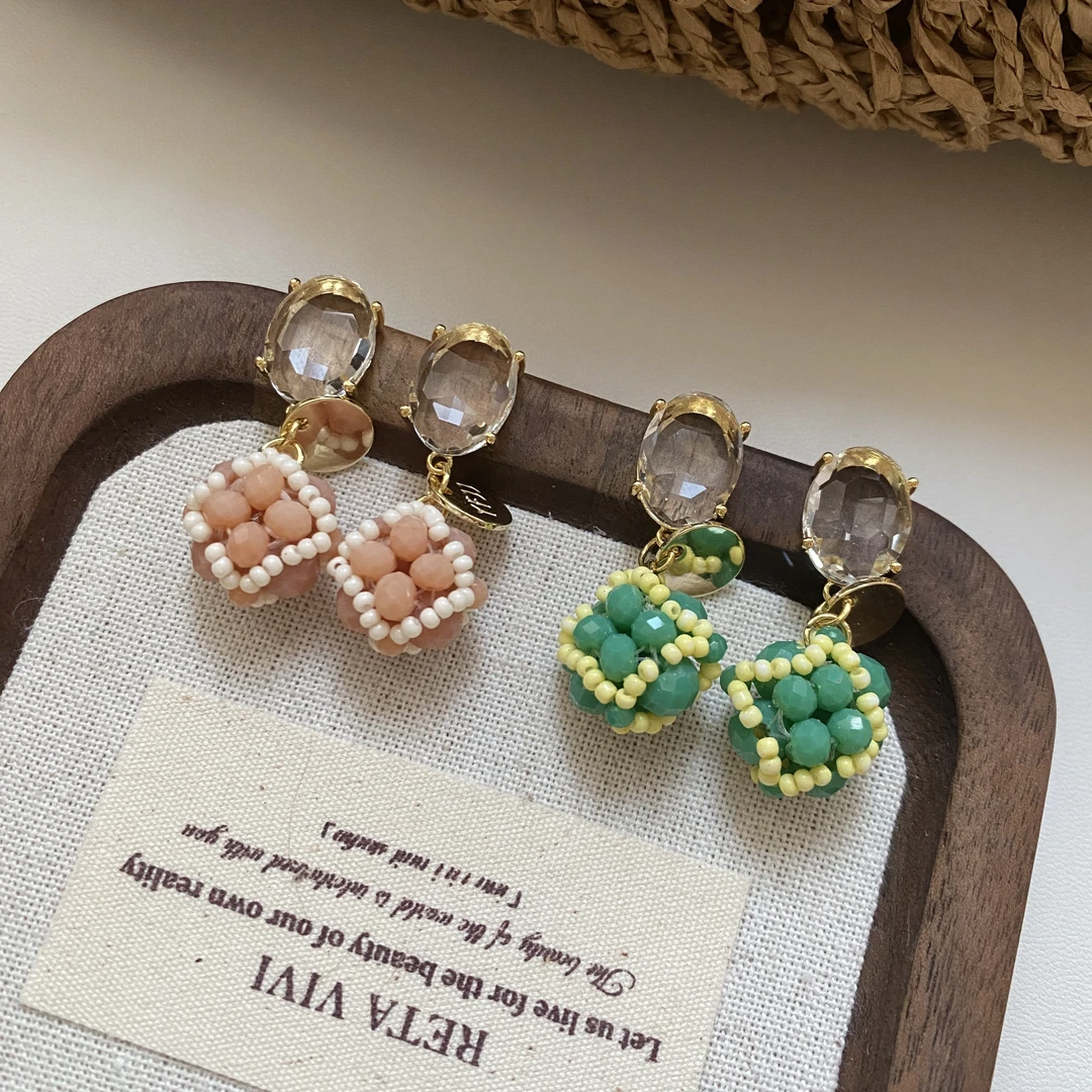 黄铜锆石耳饰 多巴胺串珠水晶耳坠银针小众轻奢优雅高级感耳饰女