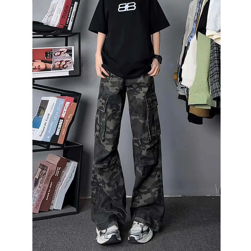美式复古微喇迷彩裤子男款春季大口袋cleanfit工装裤直筒休闲长裤