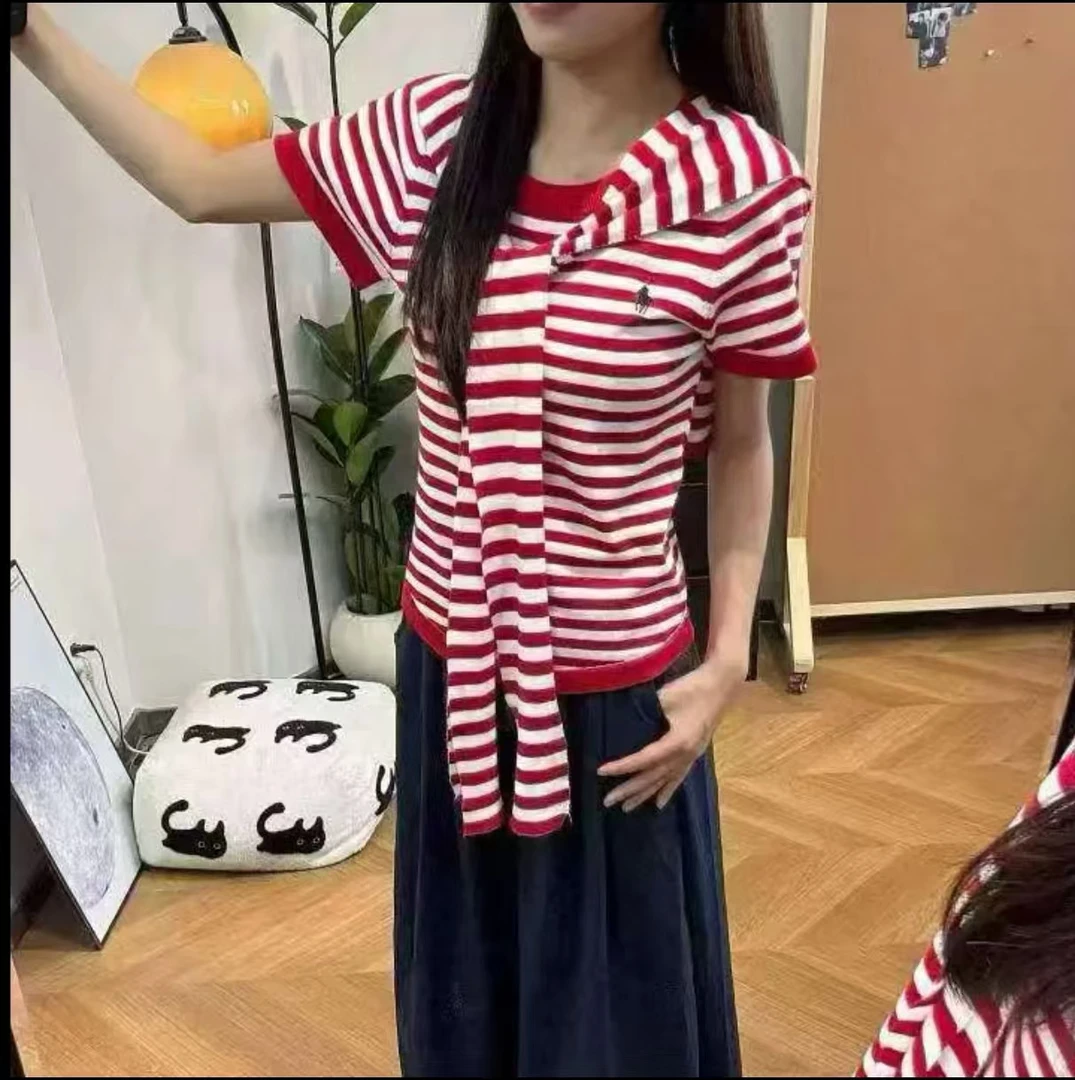 公主【小个子穿搭】夏季条纹新款设计感短袖T恤22689+九分裤522689