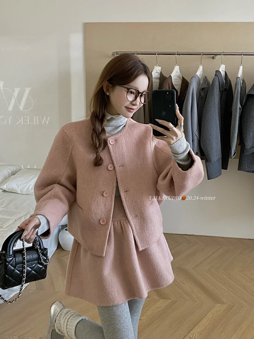 伊嘉】气质淑女减龄双面呢羊毛外套+本布半身蓬蓬裙套装含70%羊毛