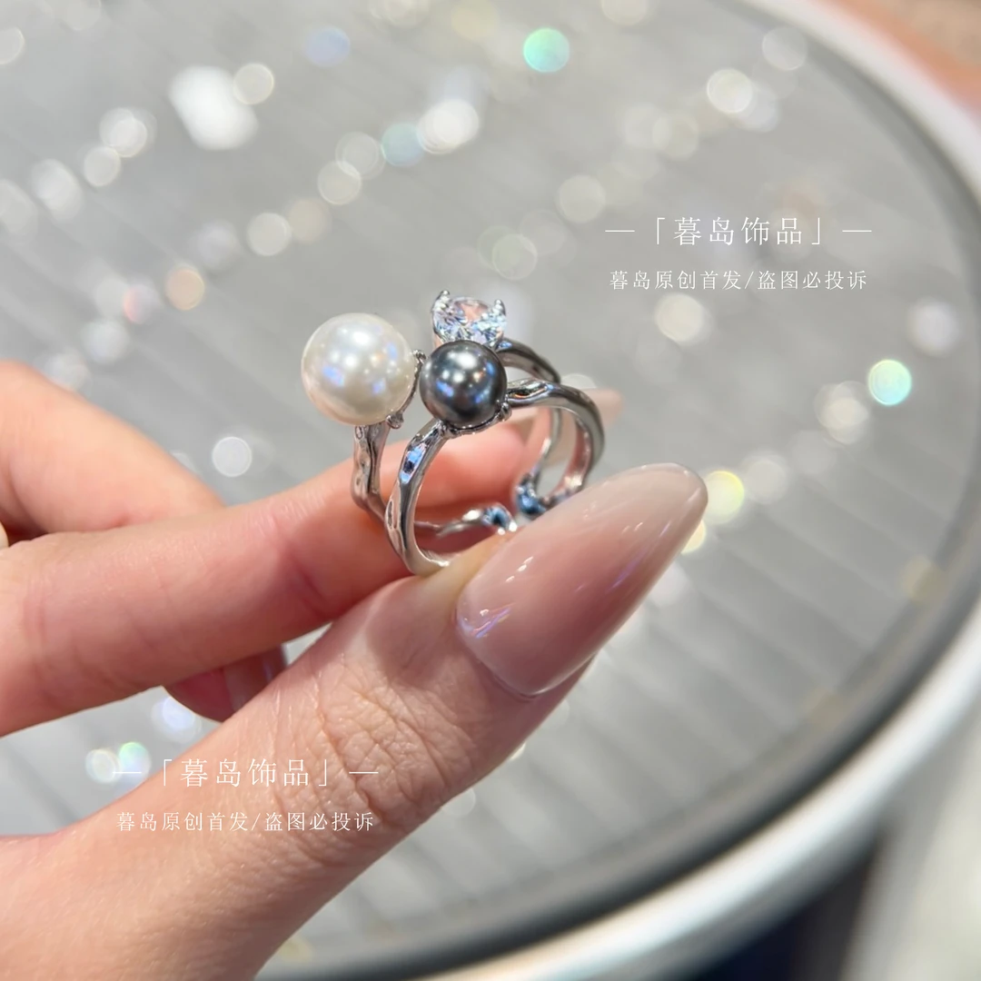 【暮岛饰品】灰色珠珠锆石拼接开口戒指 A128