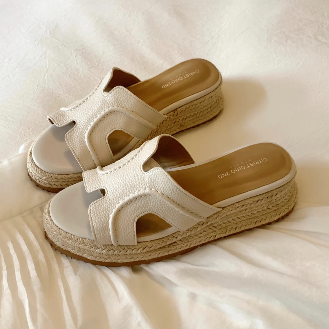 南风Chio2nd 5.5CM增高 拖鞋女夏季外穿慵懒度假风草编厚底凉鞋