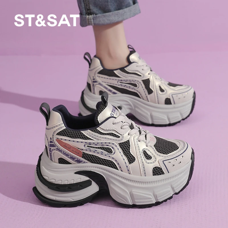 星期六2025春季新款老爹鞋女厚底时尚休闲鞋跑步鞋网面透气女鞋