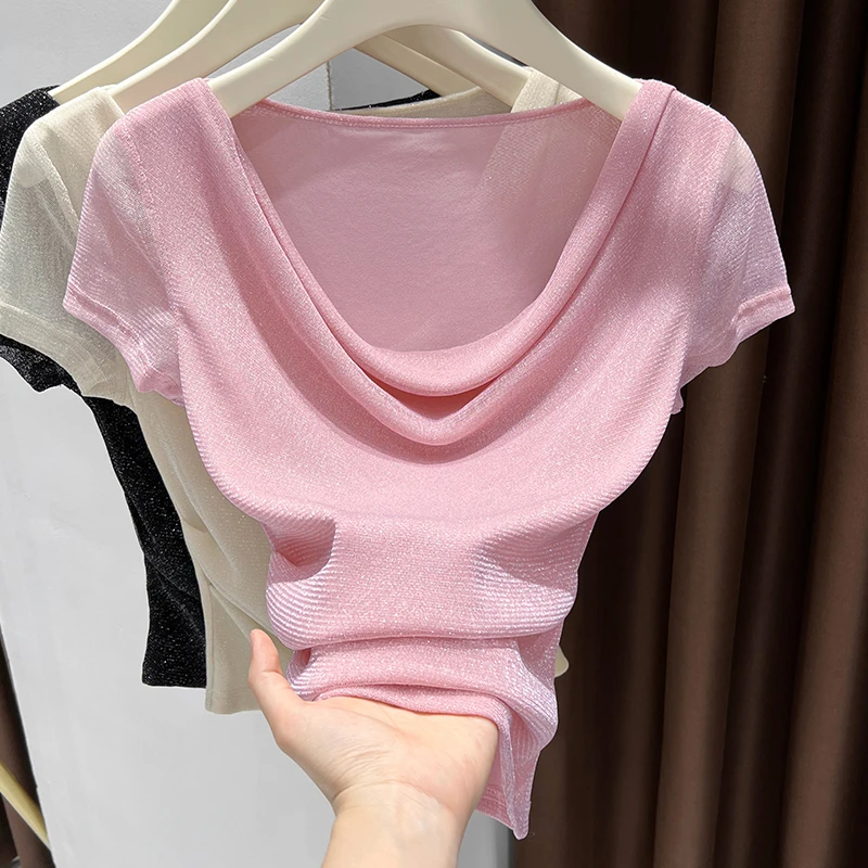 多巴胺穿搭粉色甜美短袖荡领薄T恤女夏季凉感冰丝网纱一字领上衣