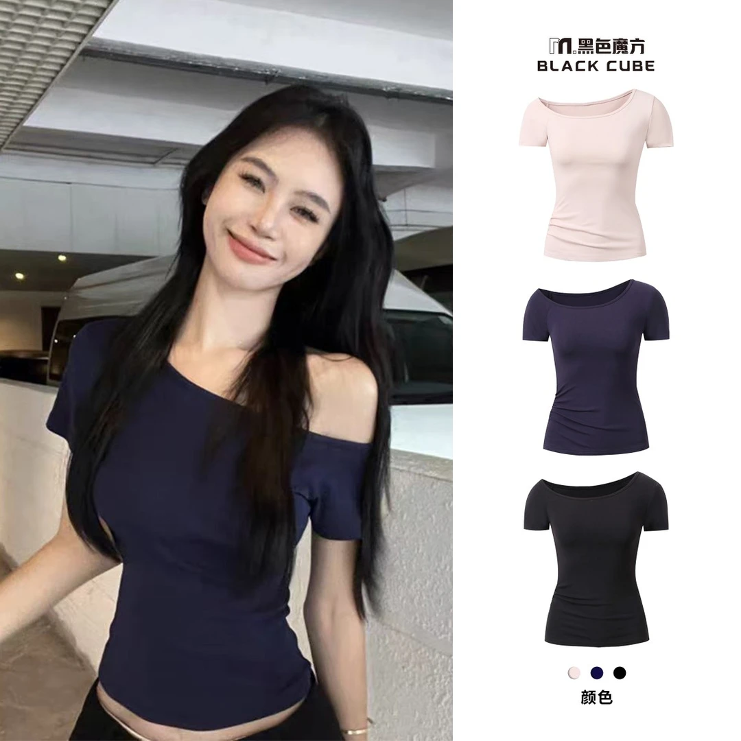 夏季新款斜肩短袖T恤女气质修身显瘦辣妹风短款百搭上衣3809
