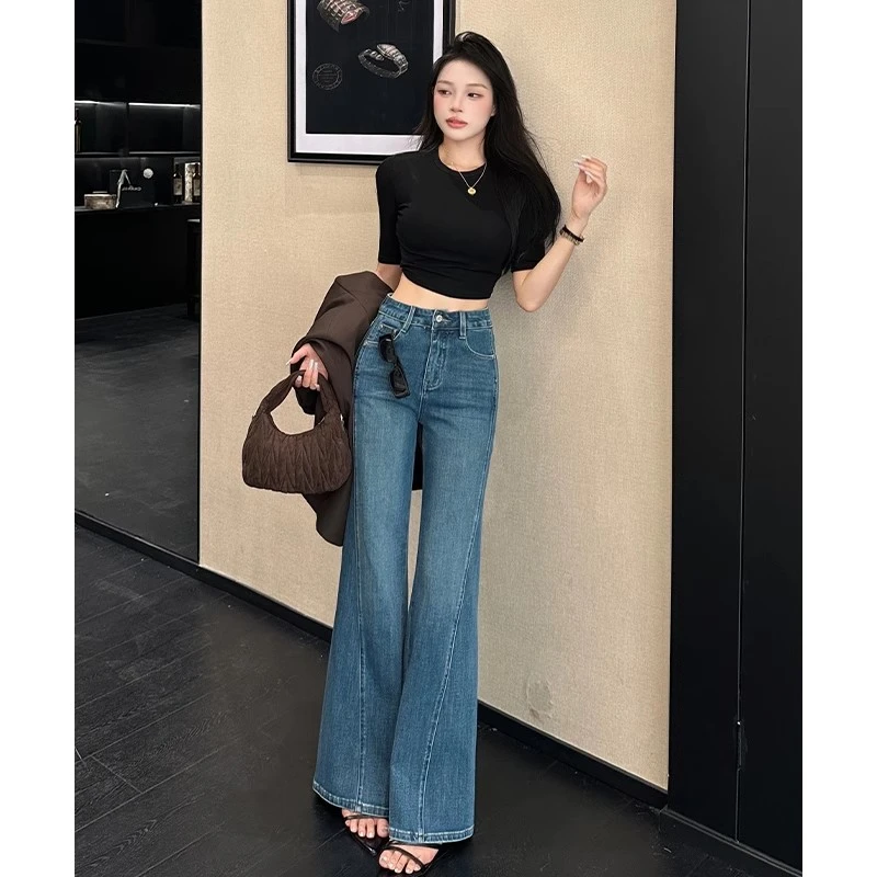 蓝色设计感时尚加绒微喇牛仔裤女2025秋冬爆款高腰显瘦宽松喇叭裤