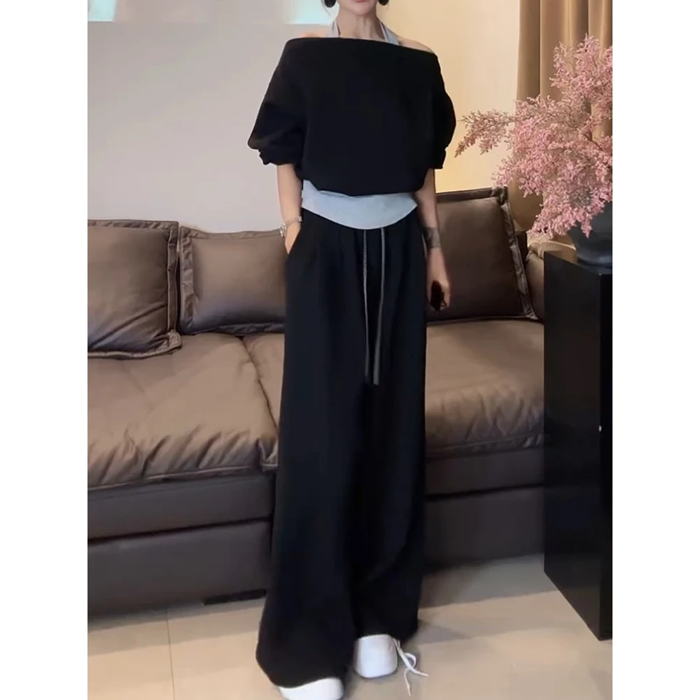 盐系轻熟风女神范减龄套装2025新时尚设计感挂脖一字肩上衣休闲裤