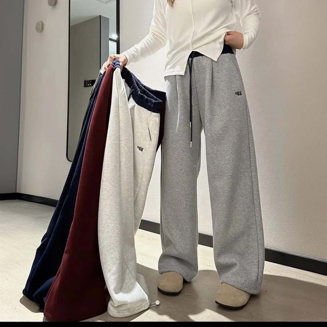 韩系撞色腰抽绳两穿运动裤新款早春加厚撞色高腰卫裤宽松休闲裤子