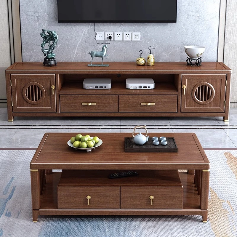 新中式实木岩板电视柜茶几组合胡桃木伸缩地柜电视机柜M210203