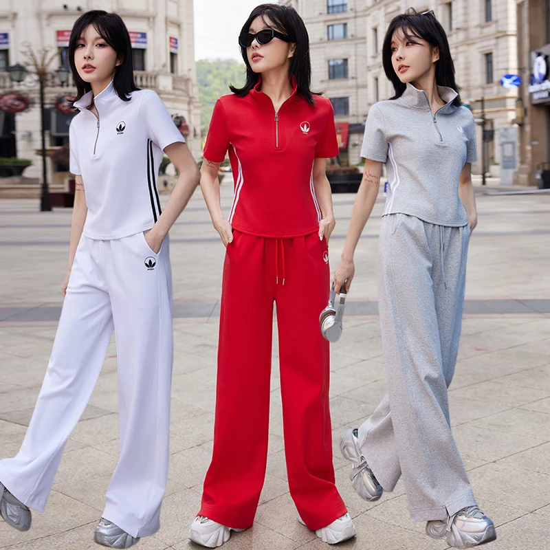 韩版休闲阔腿裤时尚套装2025夏季新款纯棉200斤显瘦运动两件套潮