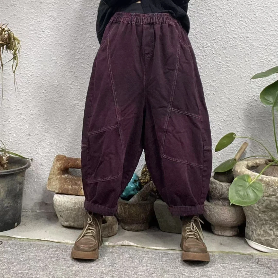 8861春紫红色斜竖经横二线内抽绳炒色牛仔裤（长86臀围122脚口44