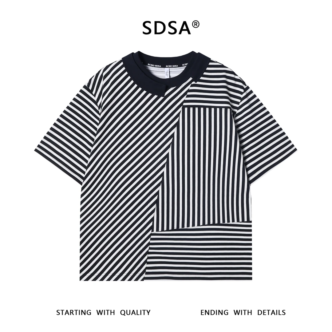 夏季高级感新款韩版潮牌不规则双领口条纹短袖T恤百搭圆领上衣