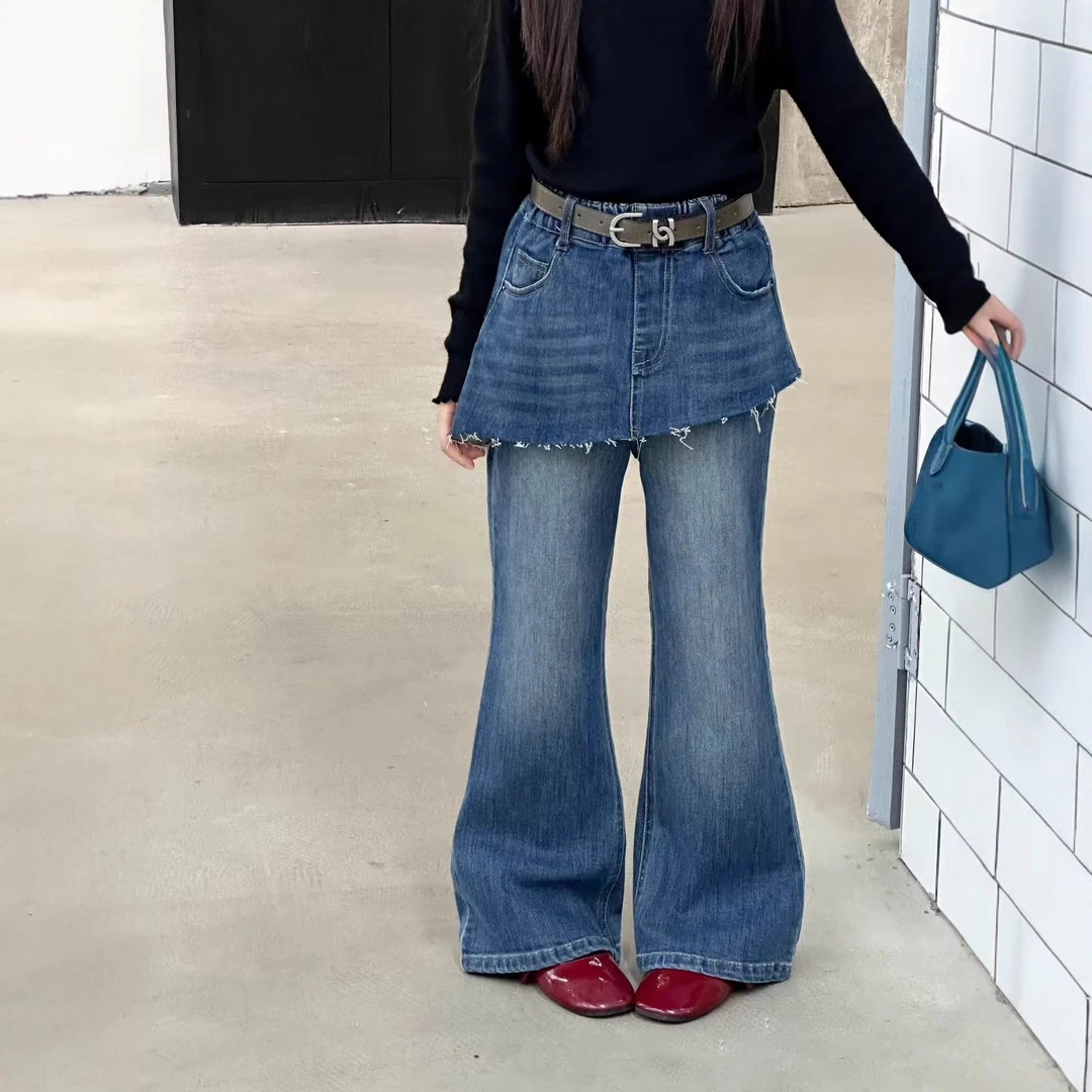 女童时尚假两件牛仔裙裤2025秋季新款韩版儿童洋气百搭喇叭裤子潮