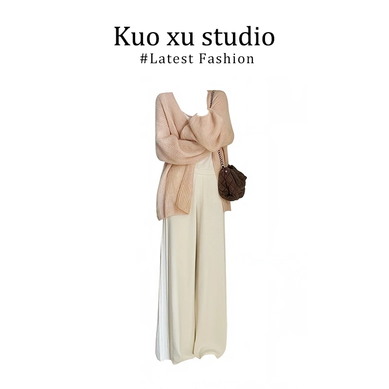 温柔风粉色软糯宽松针织开衫女2025早秋垂感外套上衣宽松高腰裤子