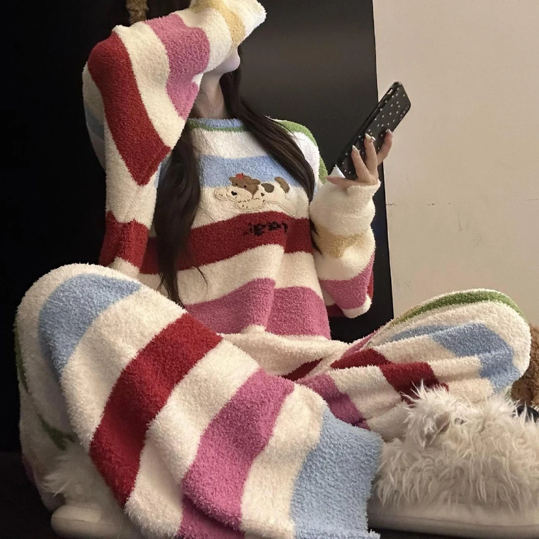 甜美可爱彩虹条纹小狗半边绒保暖睡衣女秋冬可外穿家居服