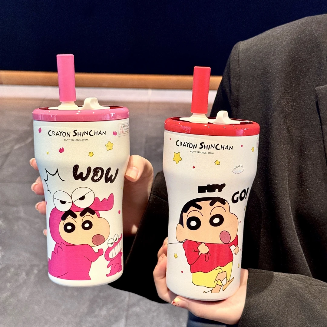 正版蜡笔小新保温杯女生高颜值可爱便携水杯学生车载吸管杯咖啡杯