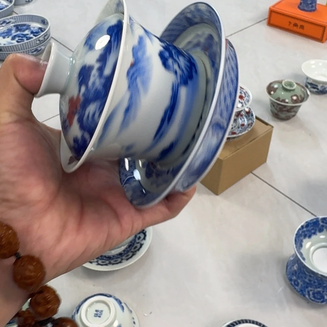 陶摆件富春山居图三才盖碗