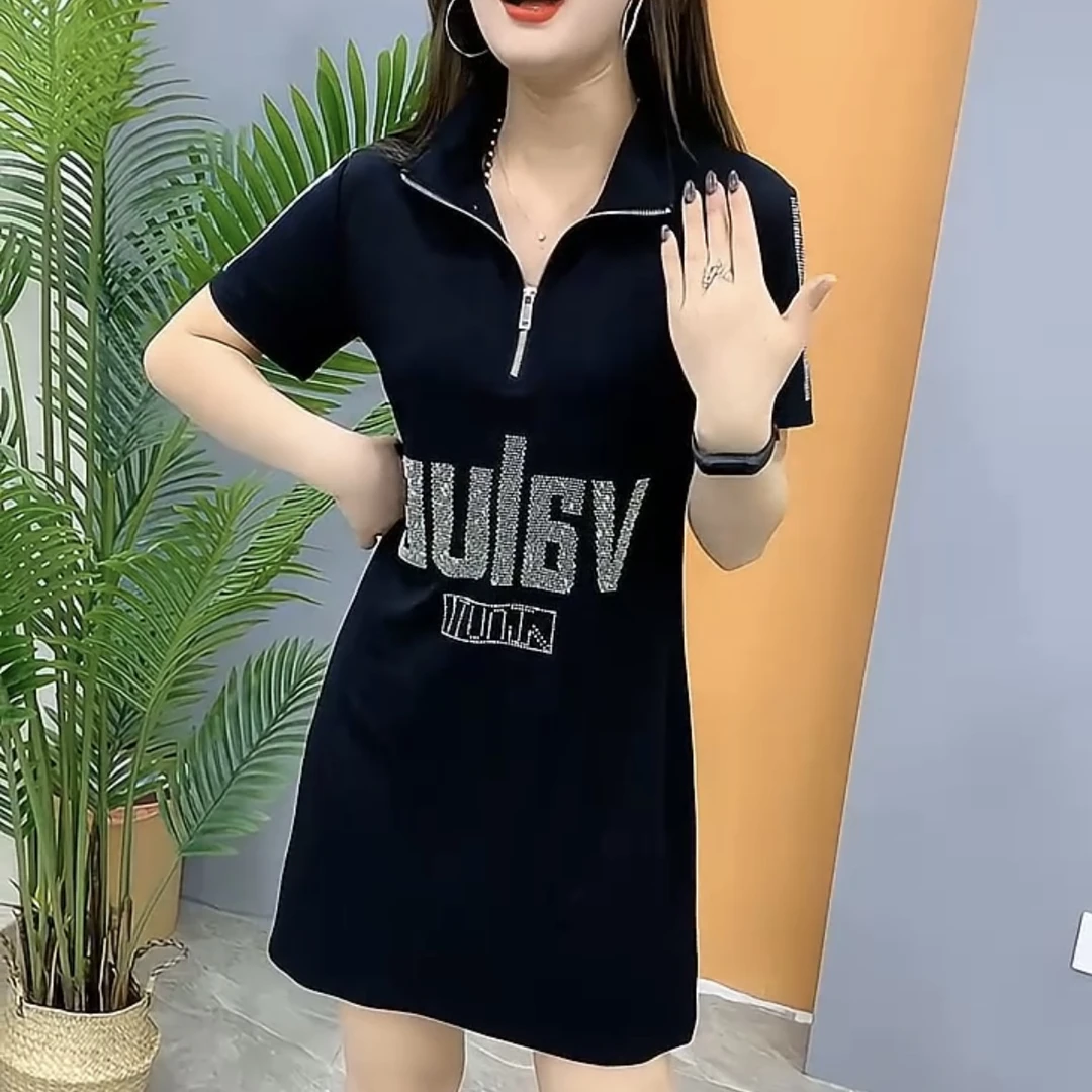 新款拉链百搭烫钻立领休闲裙收腰显瘦连衣裙减龄卫衣裙气质女装